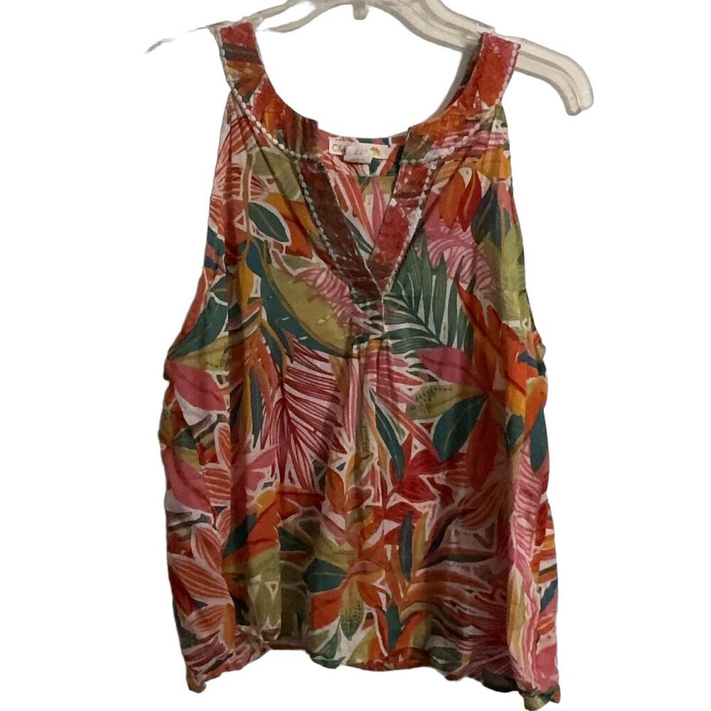 C&C California XL Sleeveless Top V-Neck Tropical Leaf Embroidered Cotton Boho